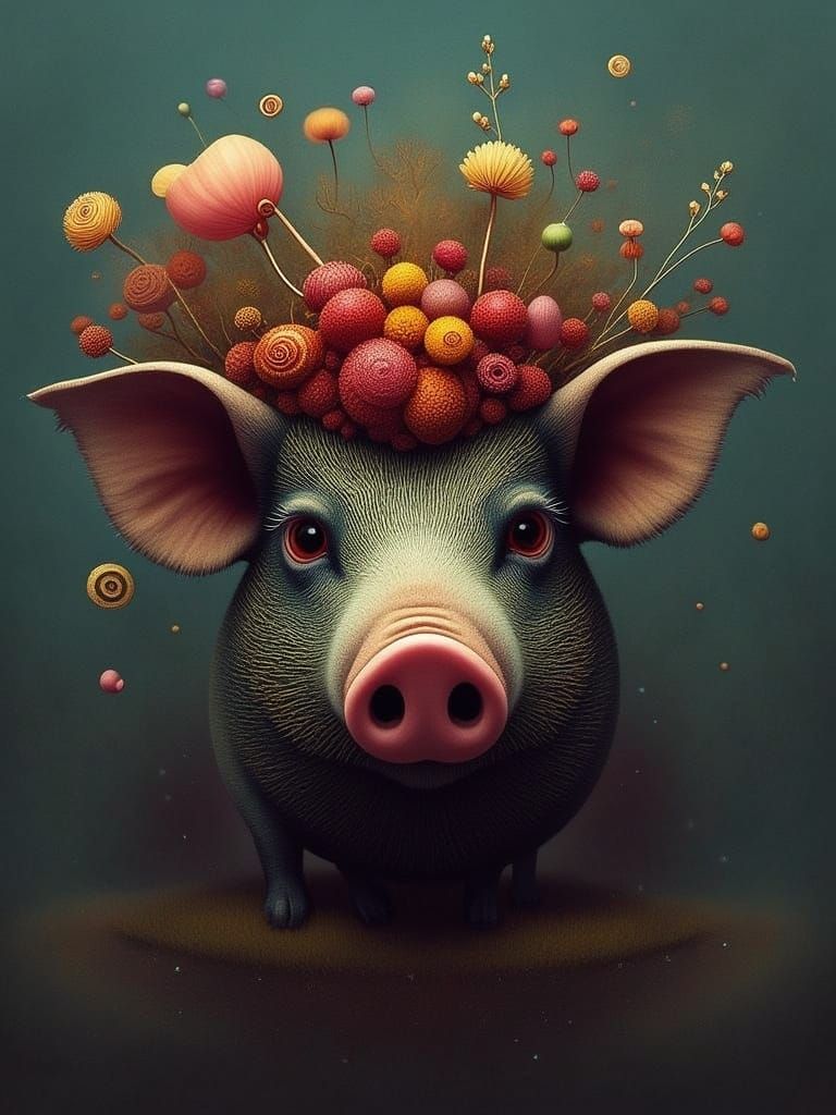 Horrified Pig with Flower Crown in Deep Color Matte Painting