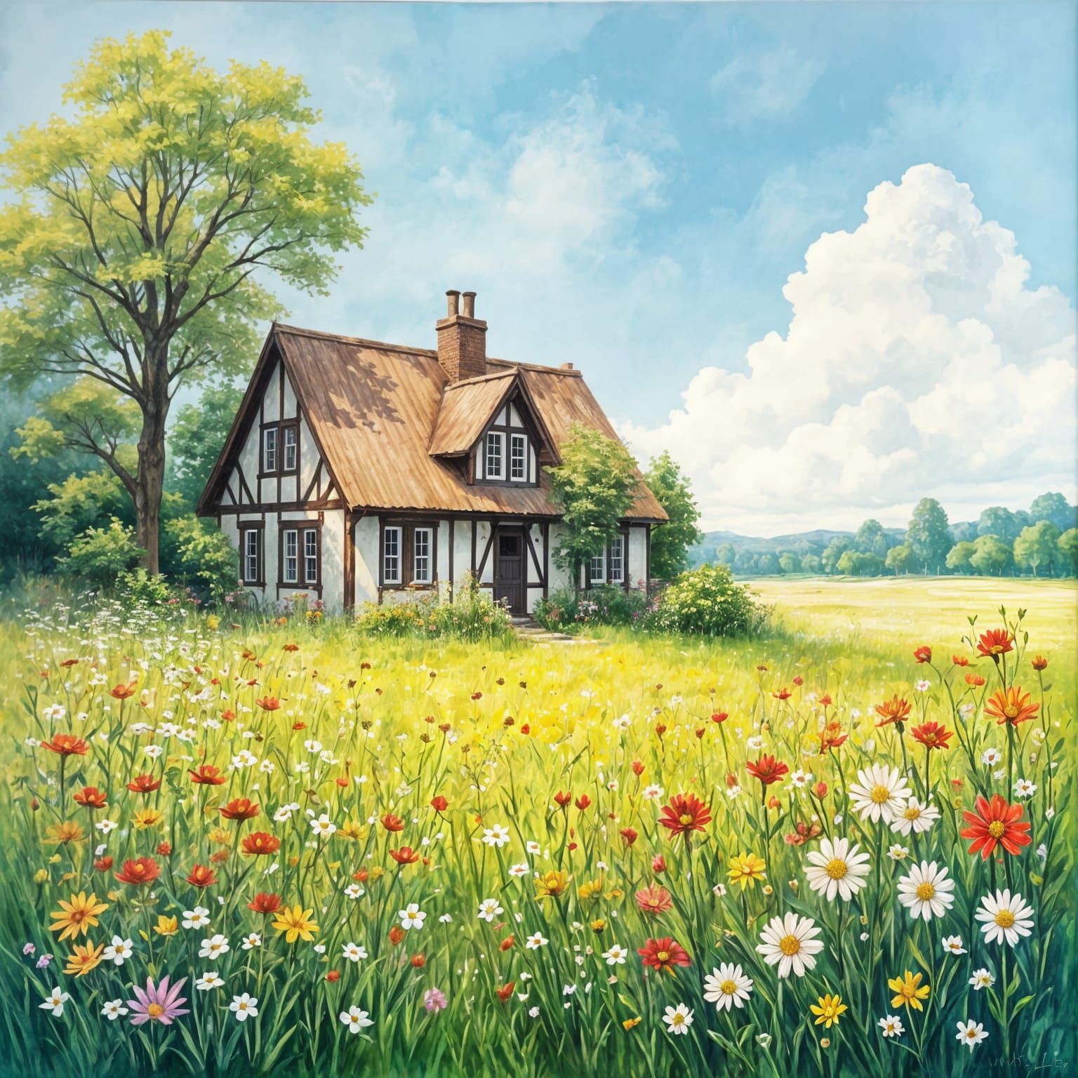 Idyllic Watercolor Cottage in a Vibrant Spring Meadow