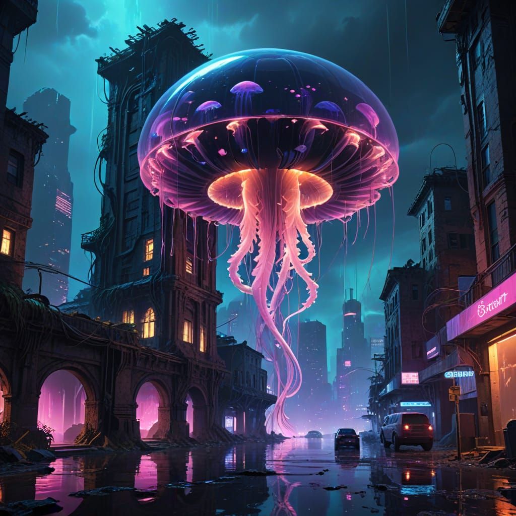 Bioluminescent Jellyfish Drifting Through Futuristic City