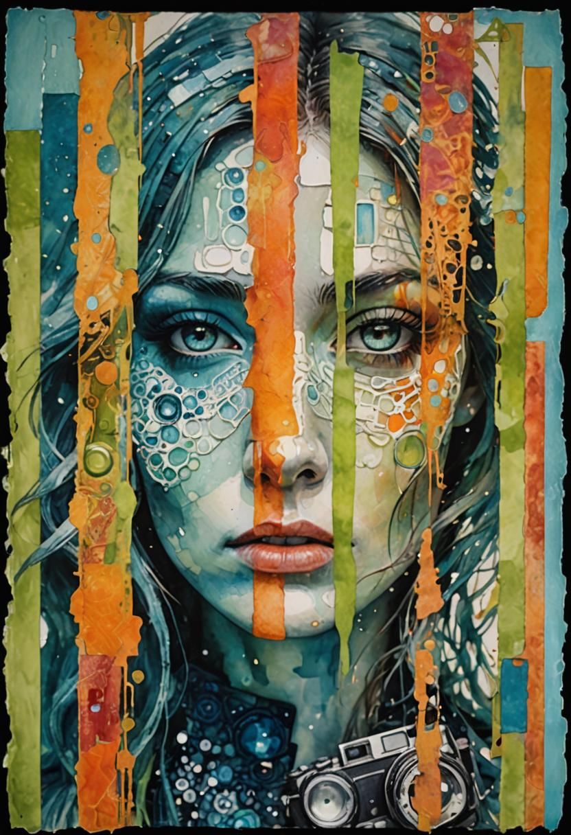 Surrealist Watercolour of Woman with Camera Lenses