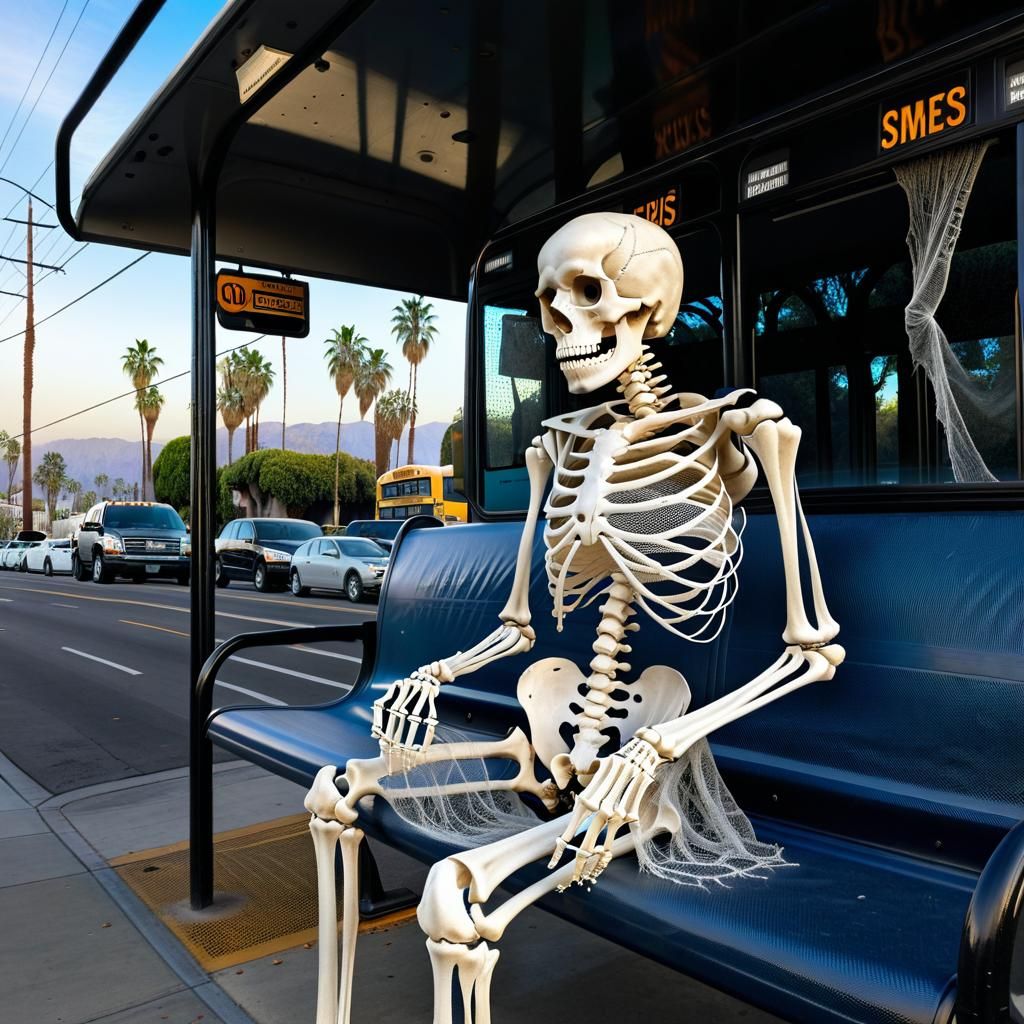 Cobwebbed Skeleton Waiting for a Bus in LA