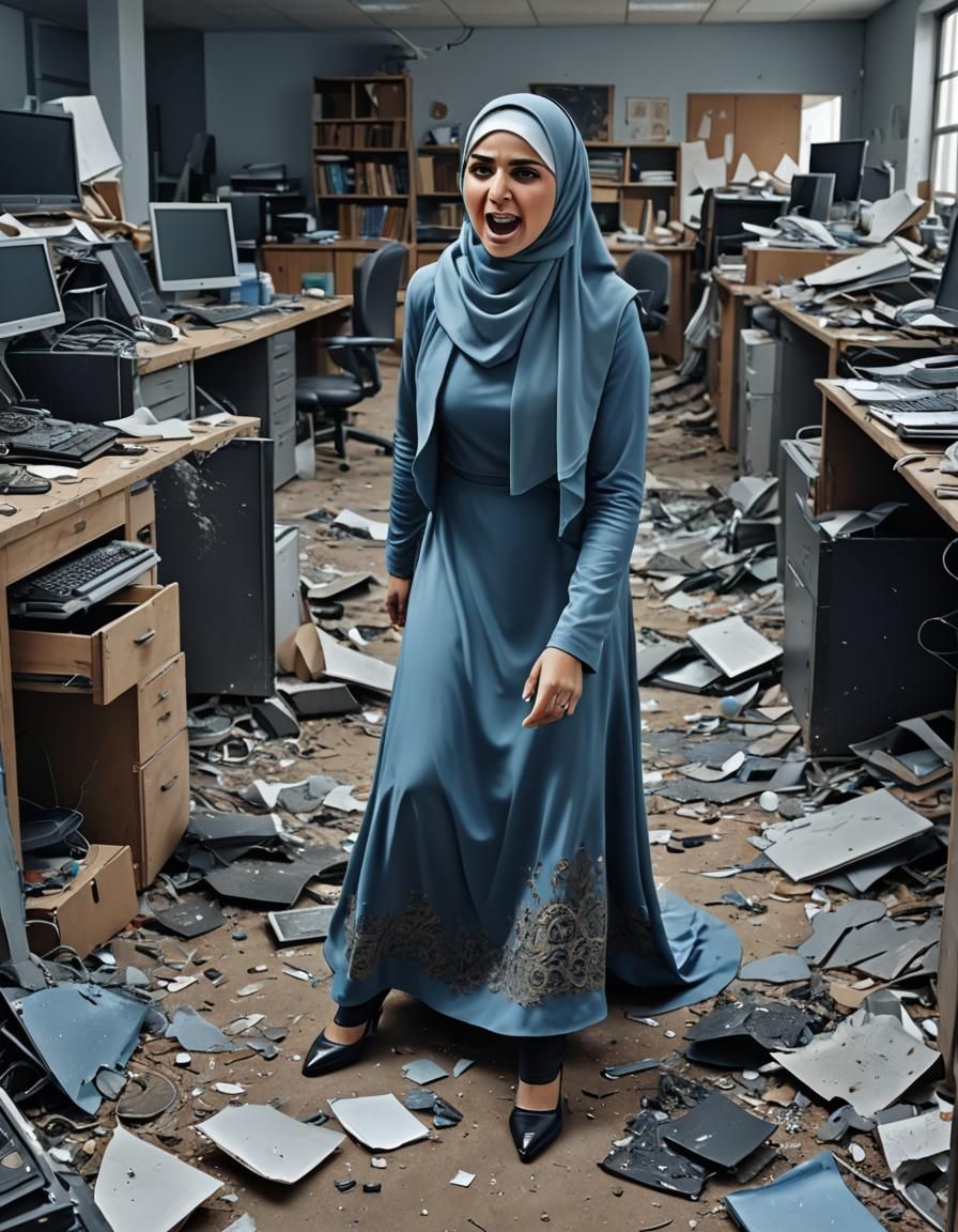 Angry Woman in Hijab with Smashed Computer