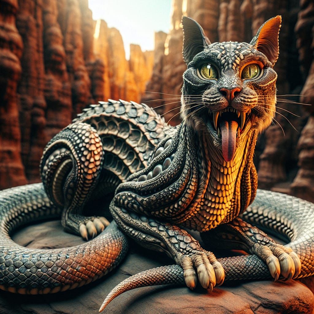Feline Serpent Hybrid Perched on Rock in Realistic Depiction