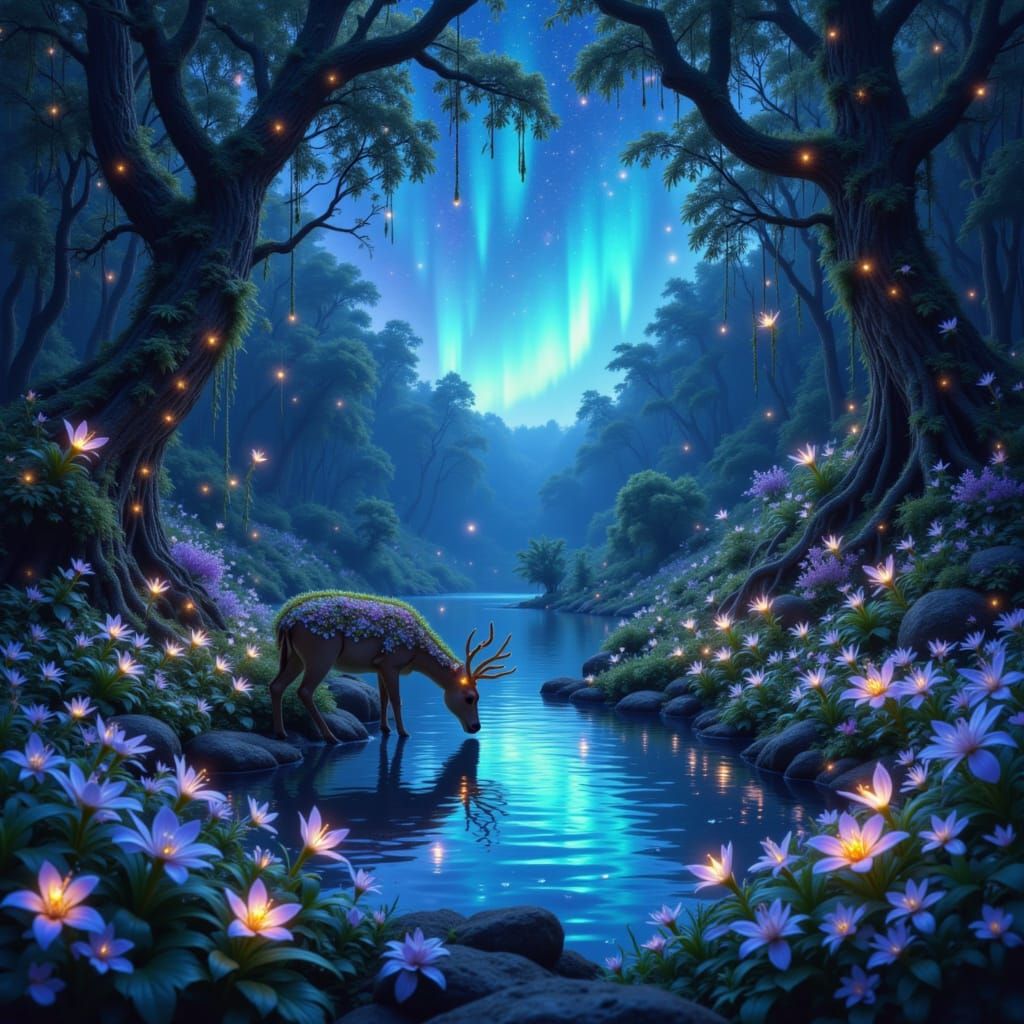 Enchanting Forest Glade at Twilight with Glowing Flowers
