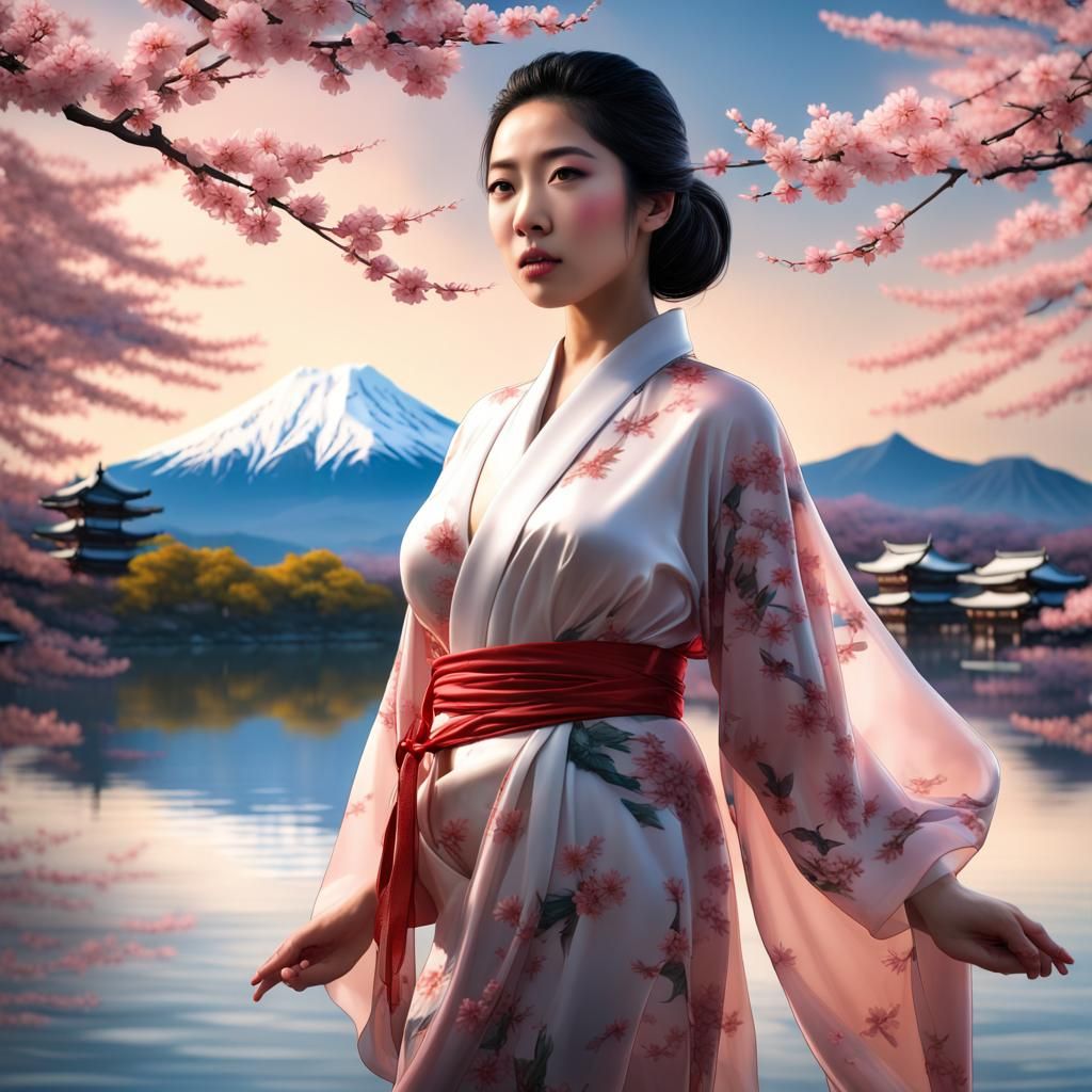 Asian Woman in Silk Robe with Cherry Blossoms