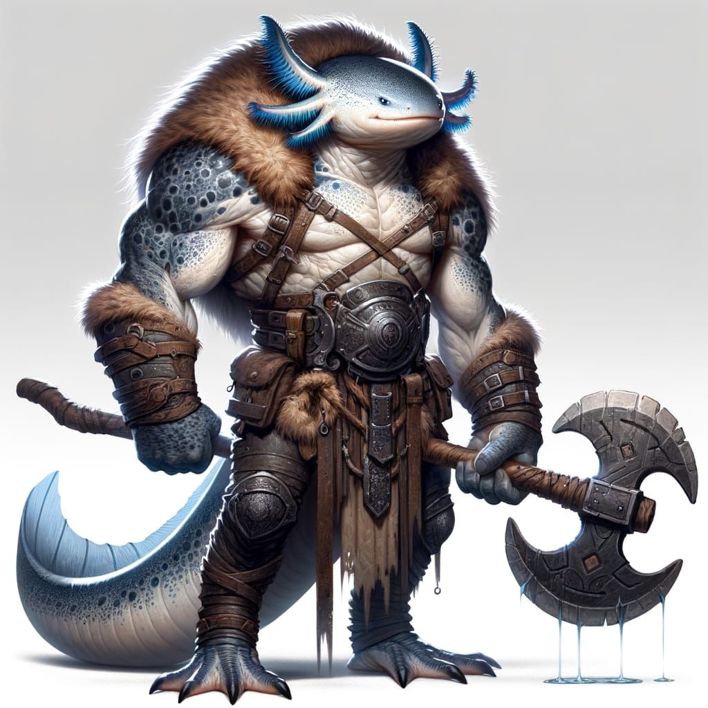 Fierce Axolotl Berserker Wields Battle Axe in Fur Armor