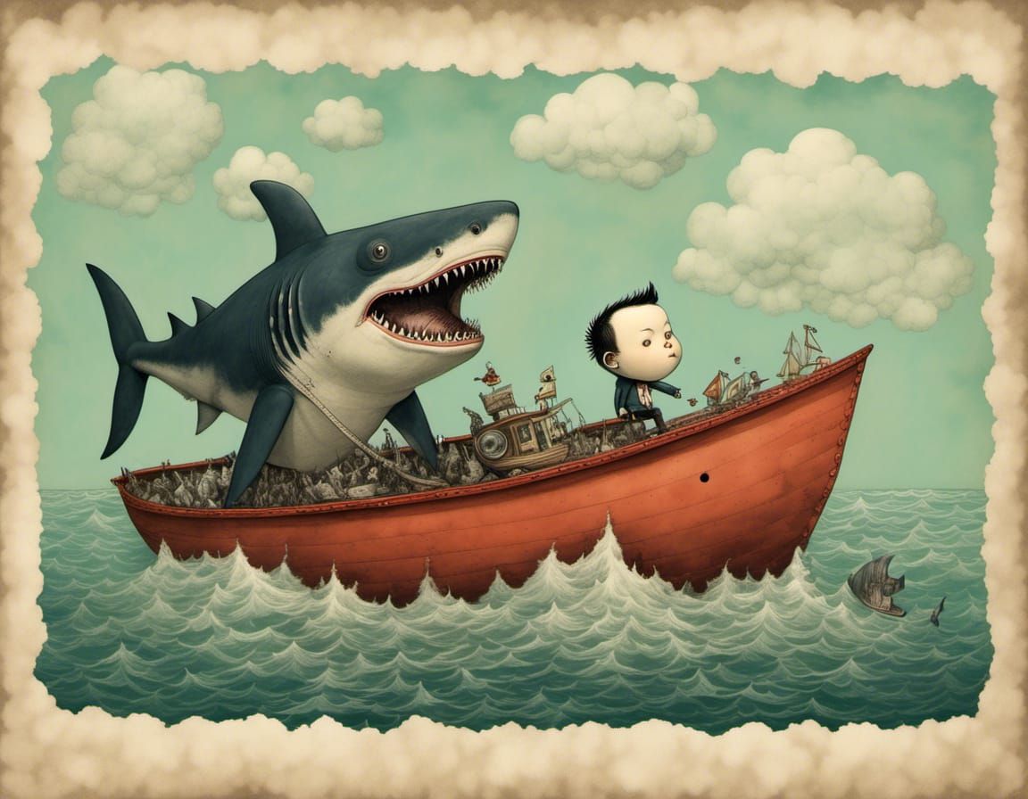 Tiny Boat, Giant Shark: A Whimsical Portrait
