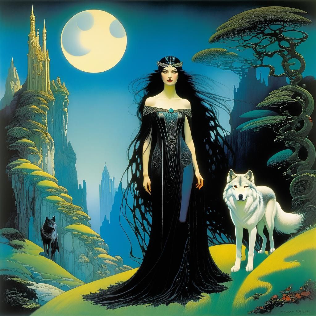 Gothic Woman and Wolf in Art Nouveau Style