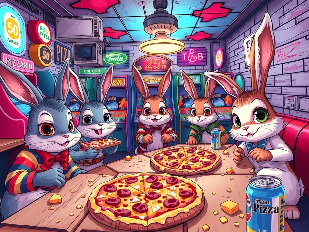 Retro Anime Rabbits at 80s Pizza Arcade