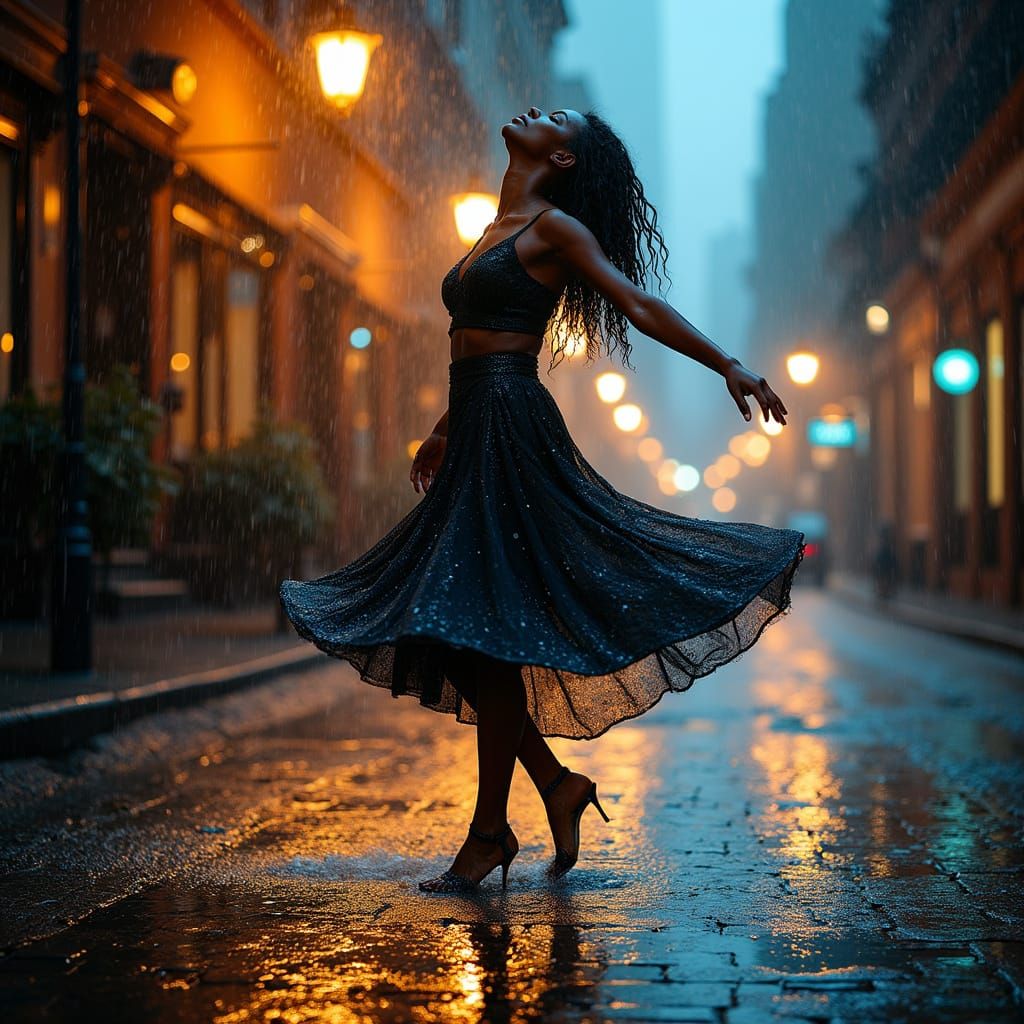 Afro-American Woman Embracing the Midnight Storm