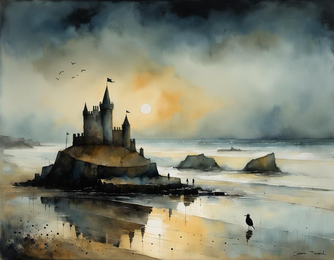 Sandcastle at Twilight in Watercolour Style