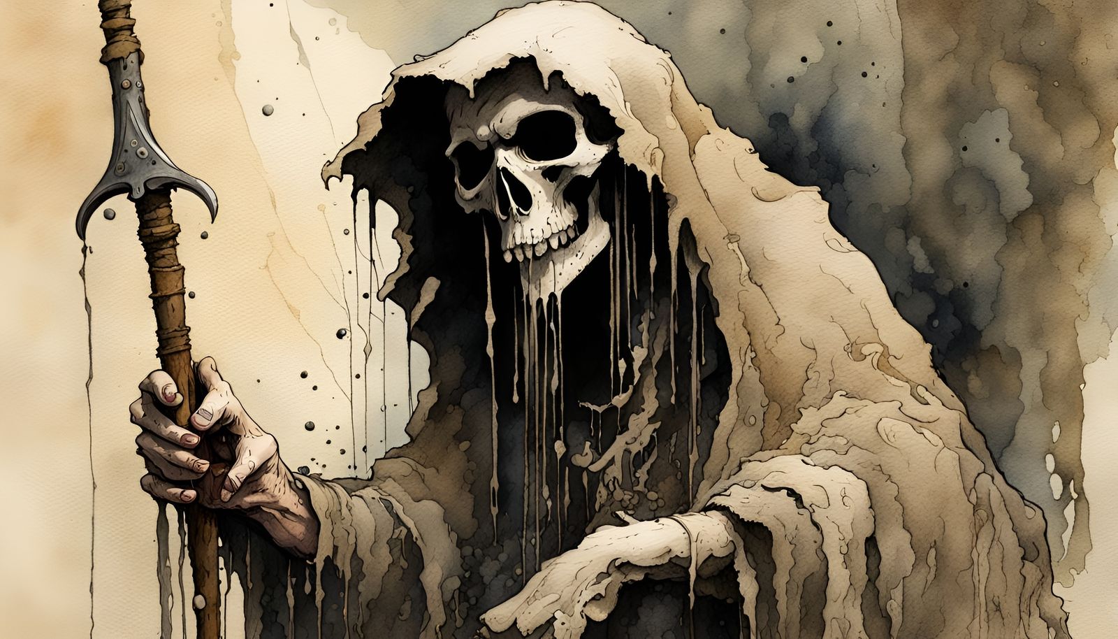 God of Death in Painterly Watercolor Illustration