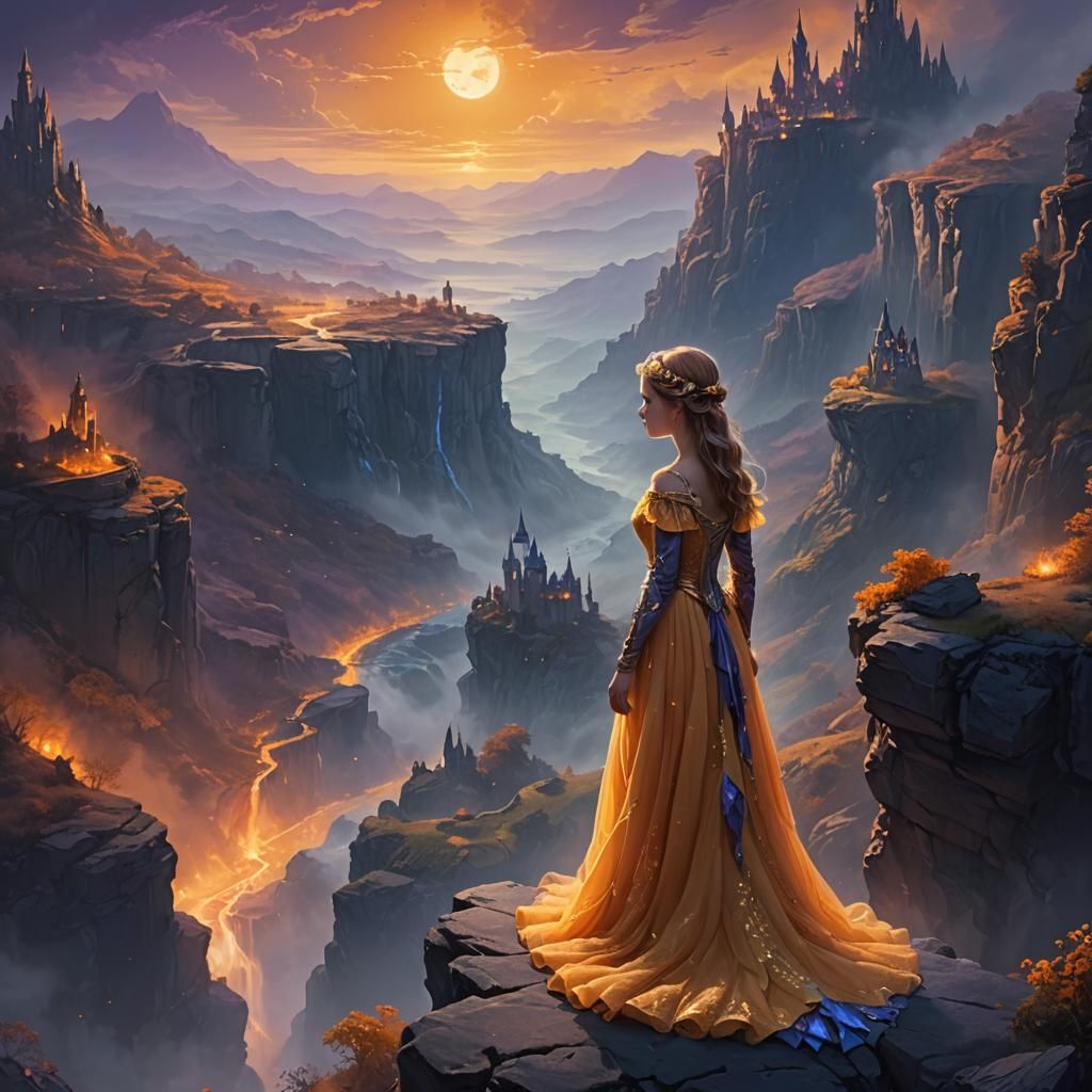 Majestic Princess Overlooks Mystical Kingdom in Fantasy Art