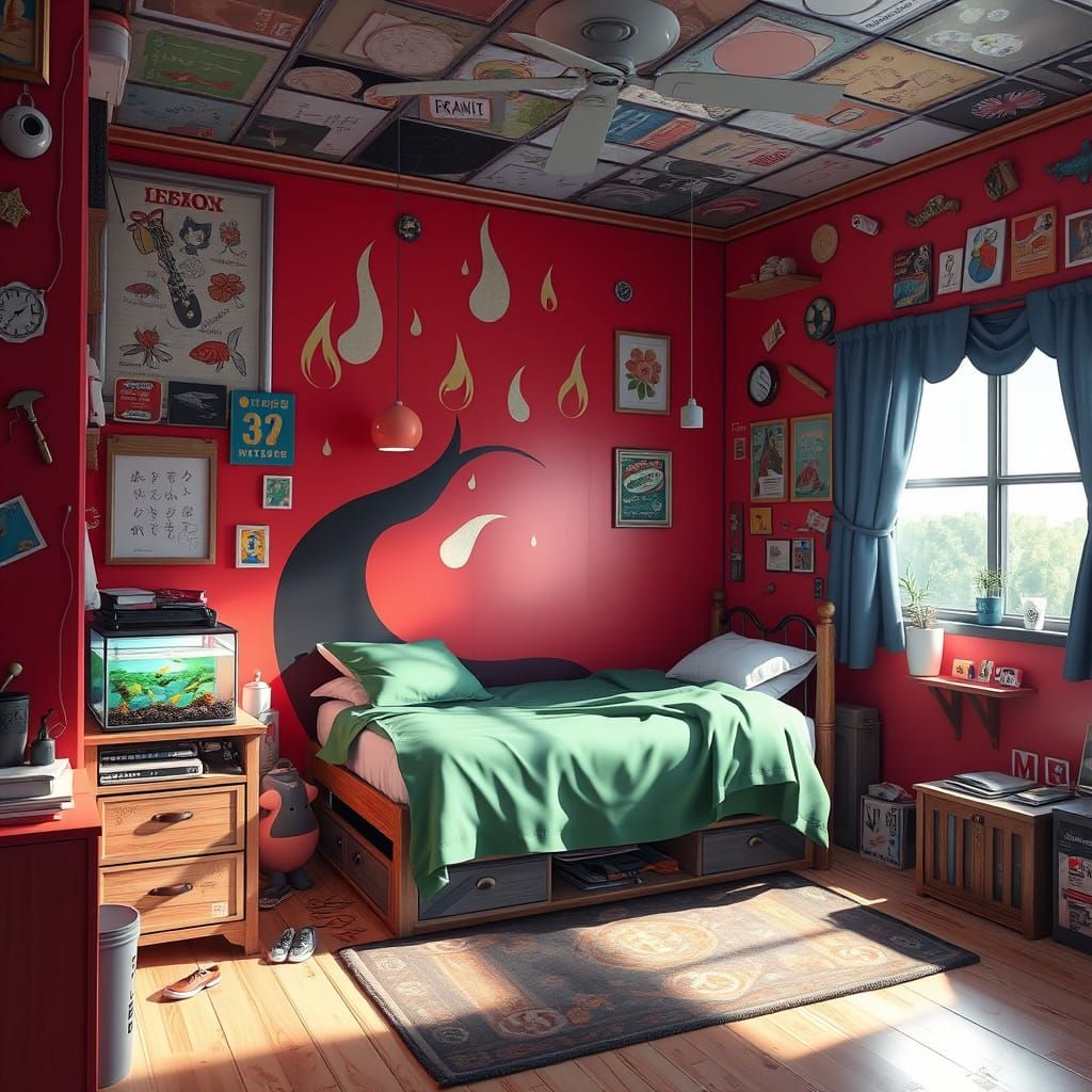 Anime Style Teen Bedroom with Mural and Aquarium