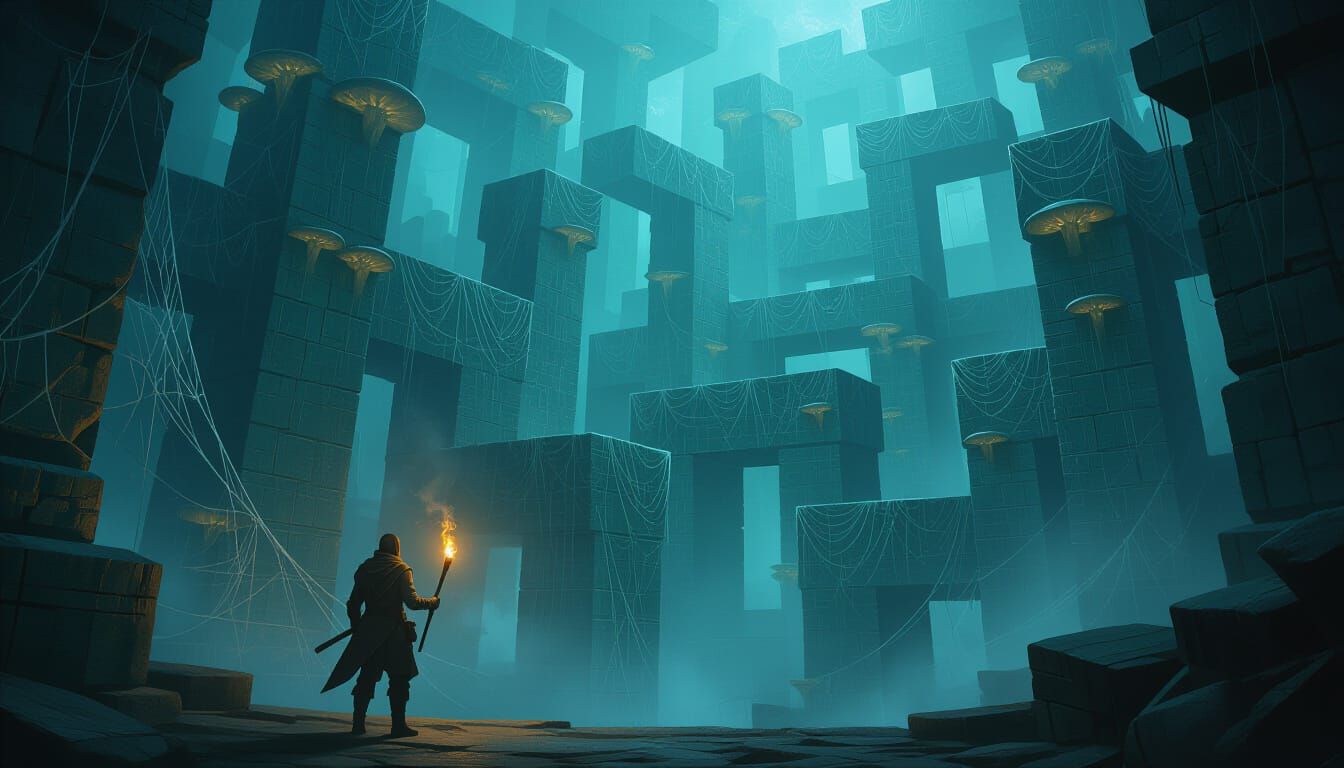 Explorer Navigates Giant Spiderweb Maze in Misty Fantasy Art