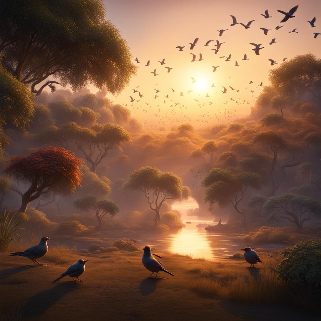 Birds at Sunrise: Detailed Matte Painting in 8k
