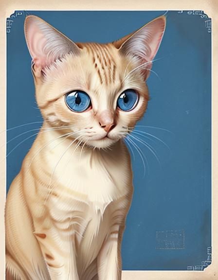 Light yellow tabby cat with big blue googly eyes