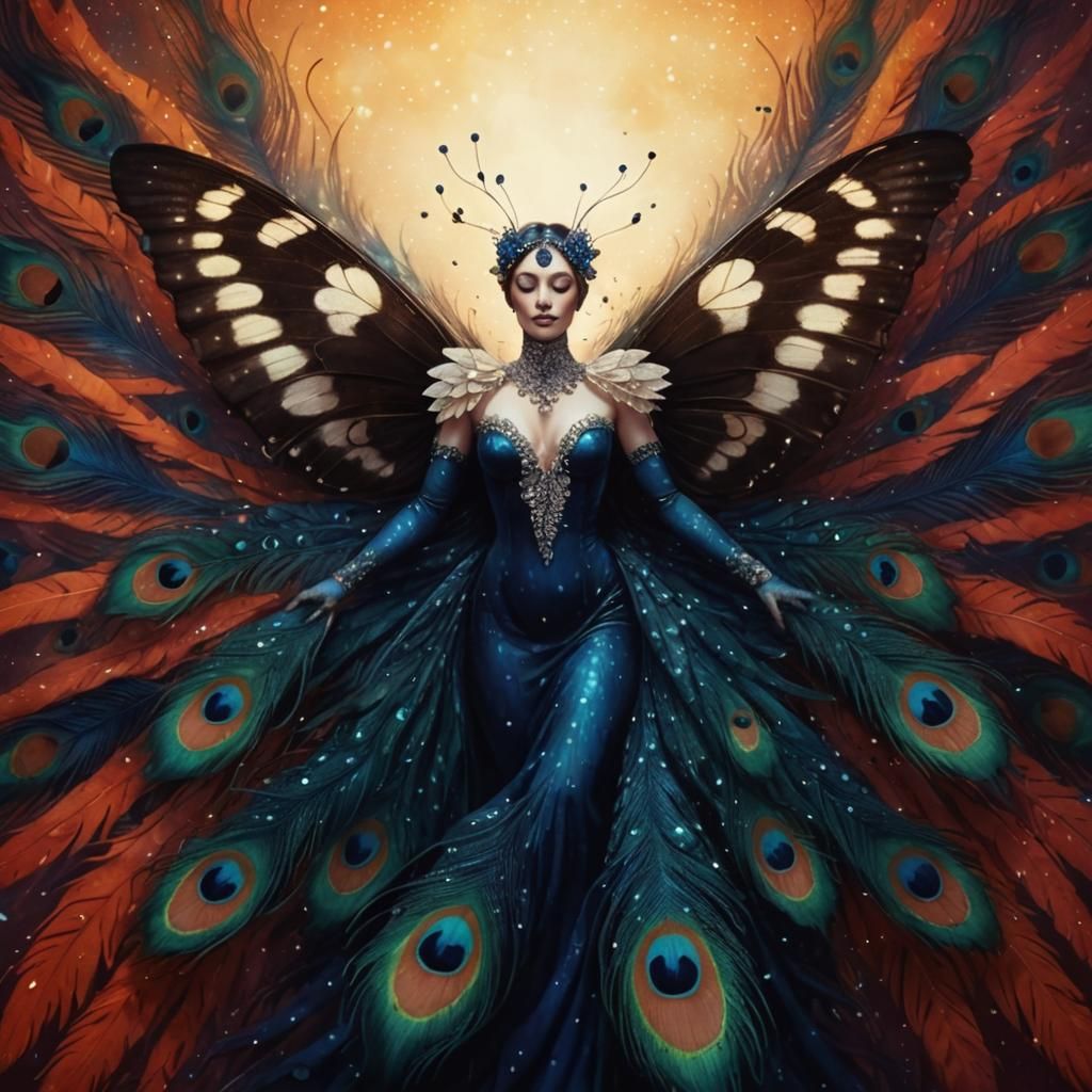 Butterfly Woman with Peacock Feathers: Astral Illustration