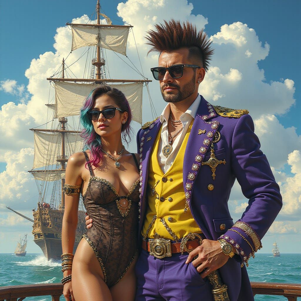 Steampunk Pirate Airship with Dashing Captain in Vibrant Sky