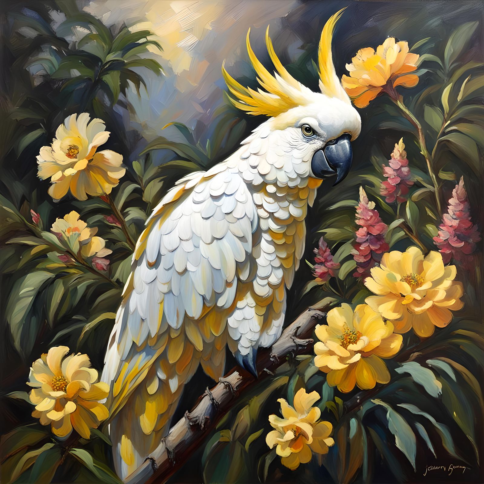 Cockatoo with Exotic Flowers, Oil Painting by Gurney