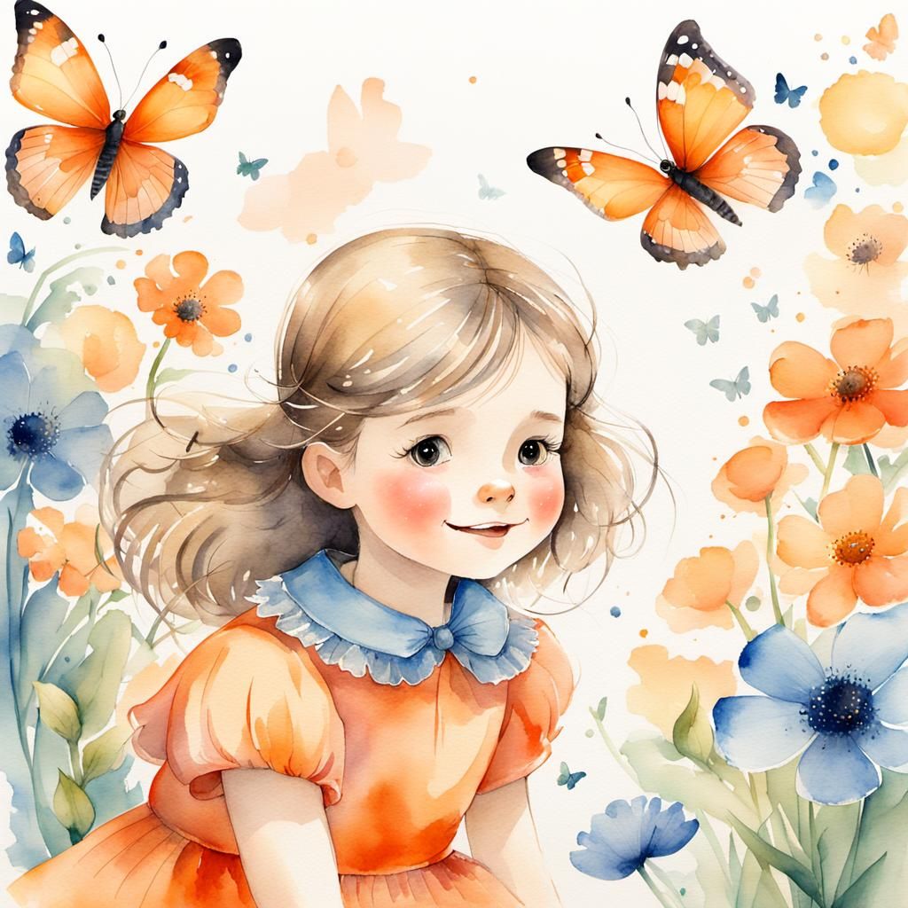 Whimsical Girl with Butterflies in Watercolor Style