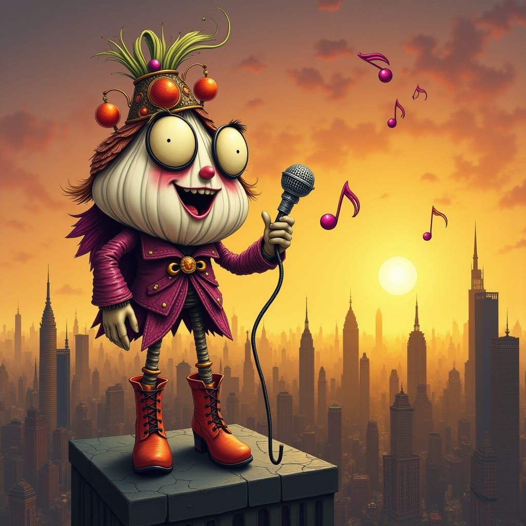 Anthropomorphic Garlic Serenades City at Sunset