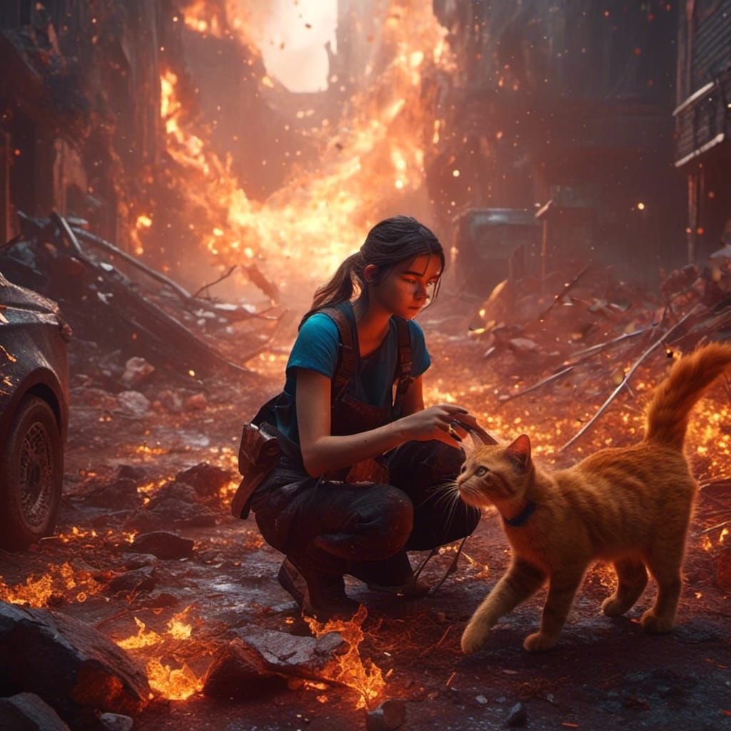 Girl Rescues Cat From Fire in Detailed Painting