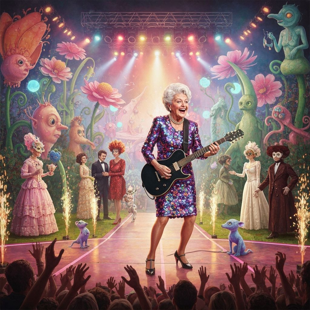 Elderly Woman Shredding Guitar in Hyperrealistic Style