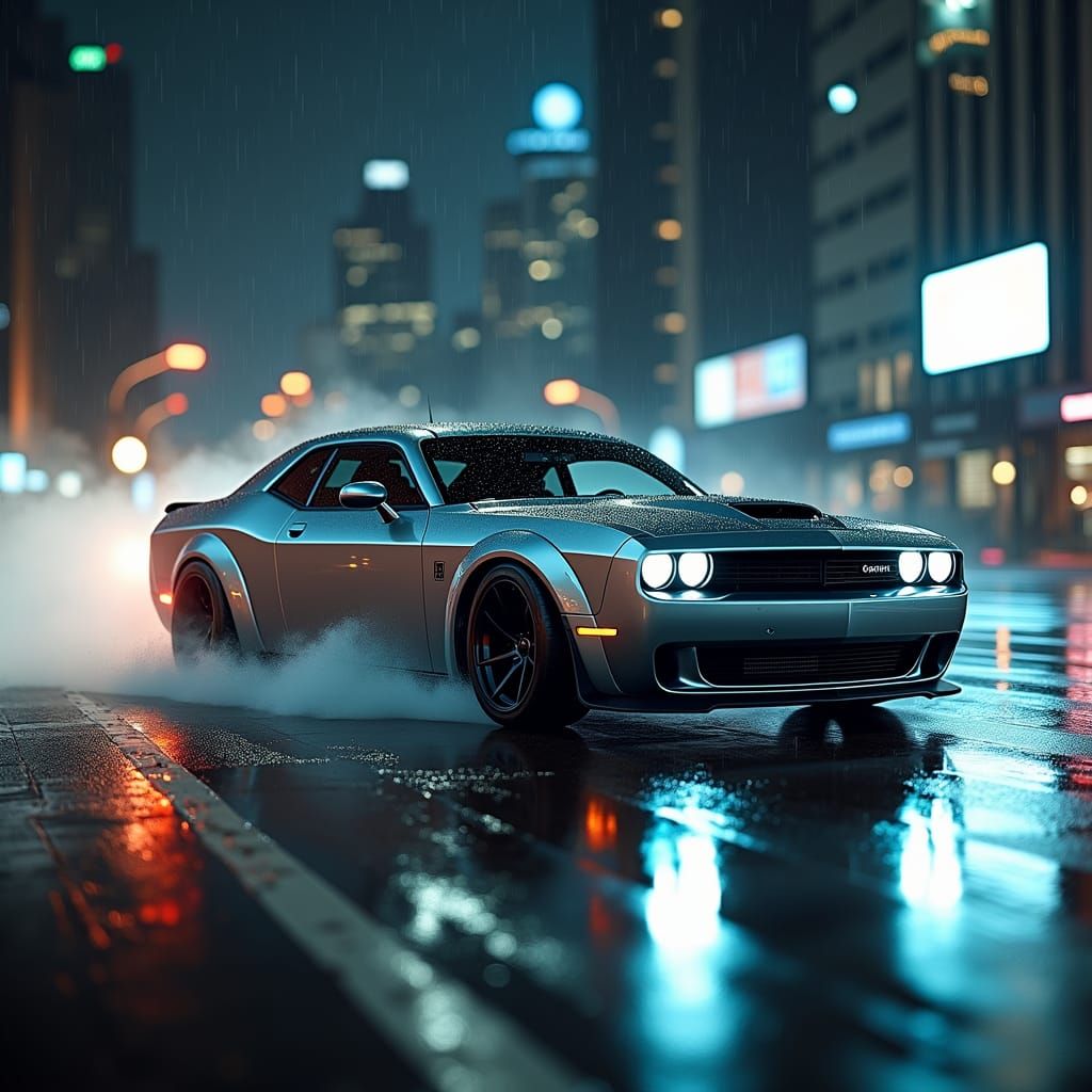 Silver Challenger Drifting on Wet Asphalt Road at Night