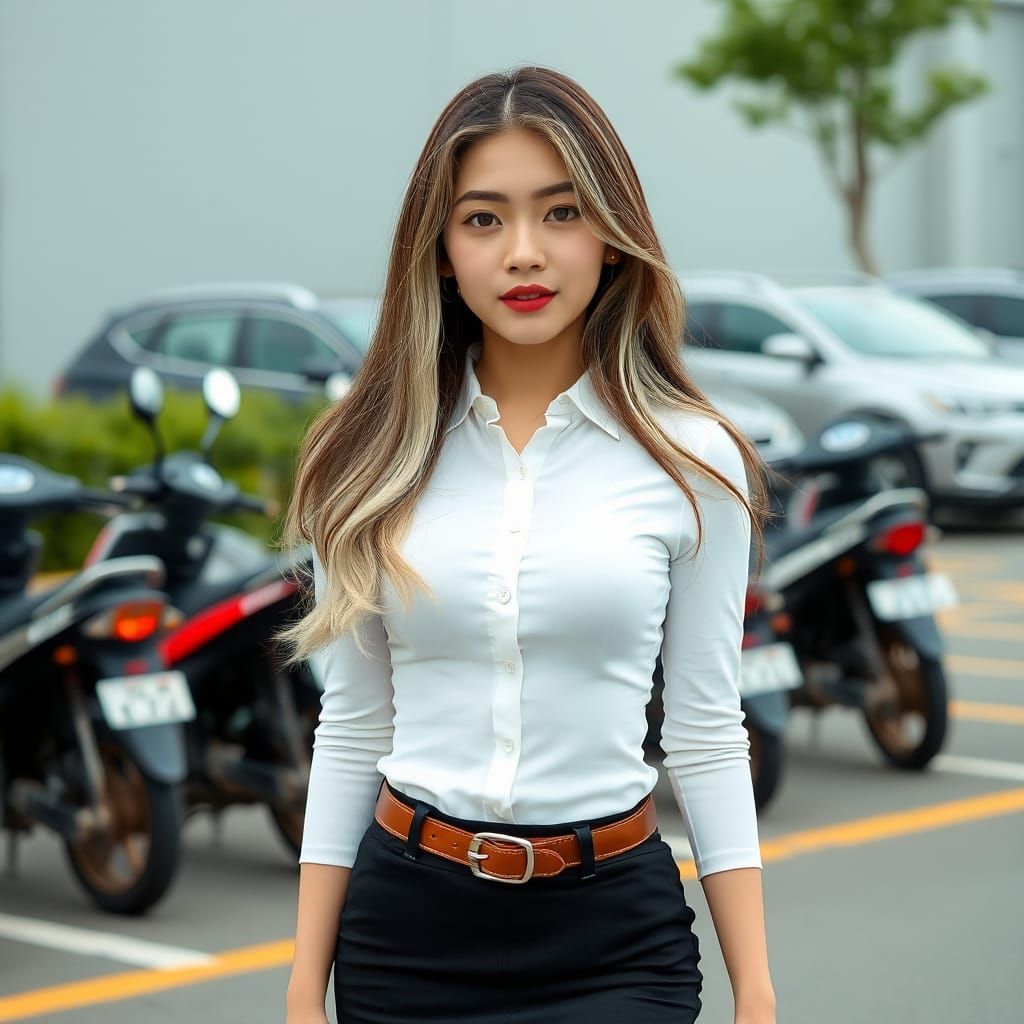 Asian Woman in Parking Lot with Motorbikes