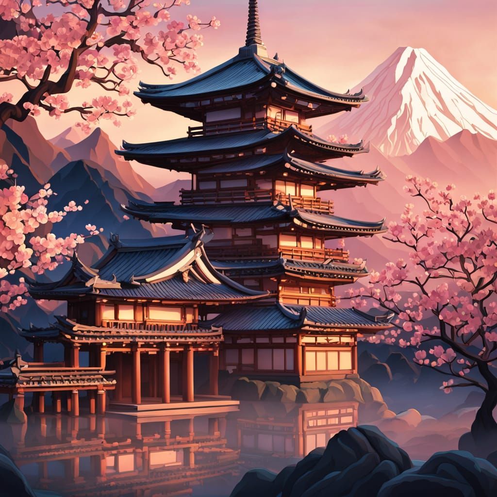 Serene Japanese Temple at Sunset, Paper Quilling Art