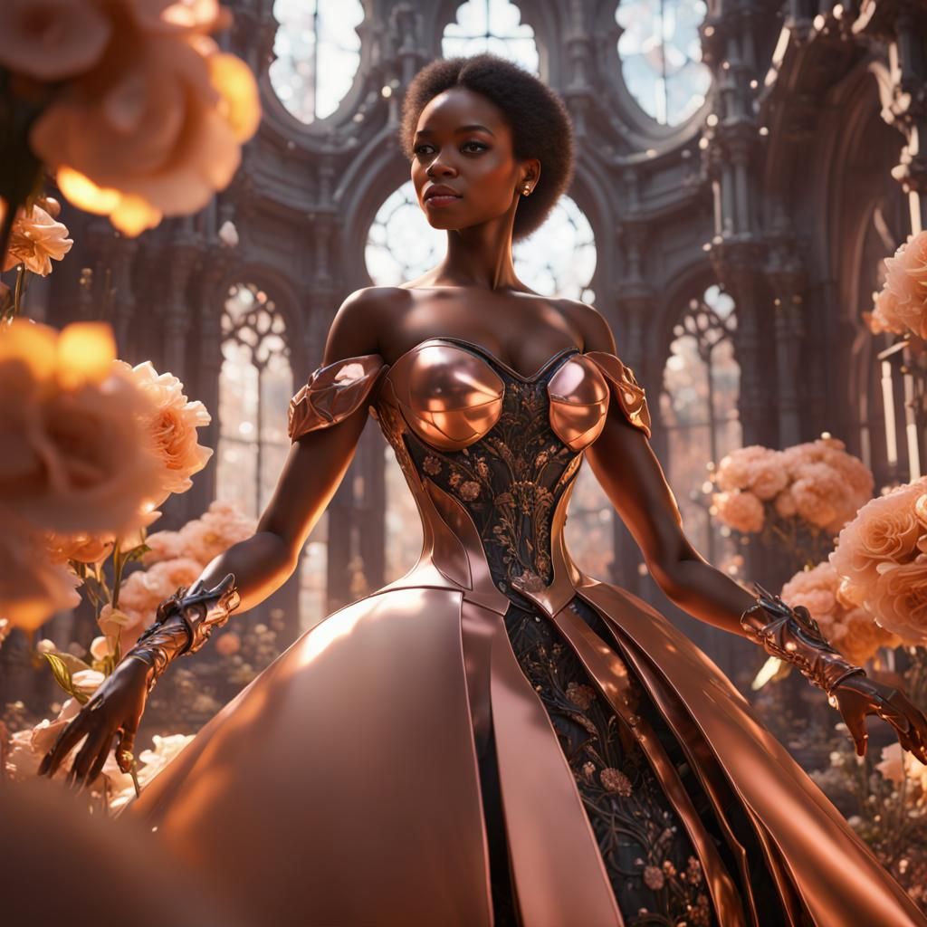 Futuristic Rose Gold Gown in Castle Garden