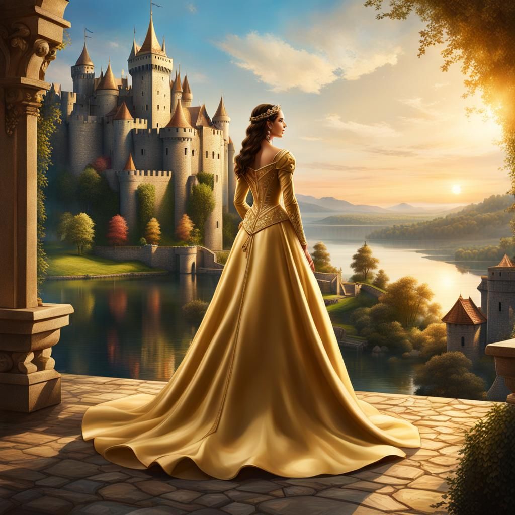 Medieval Princess Overlooking Lake, Hyperrealistic Splash Ar...