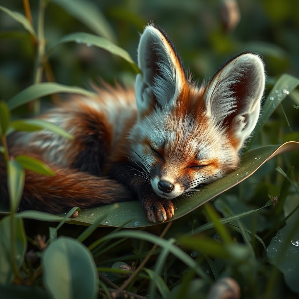 Hyperrealistic Fennec Fox Asleep on Dewy Leaf