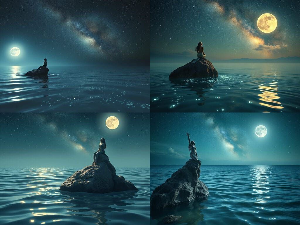 Moonlit Mermaid Watching Summer Sea at Night