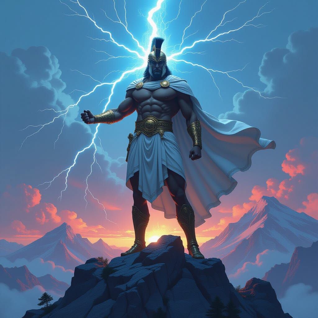 Electrified Greek God on Mountain, Mystical Realism Style