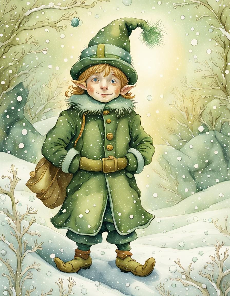 A Whimsical Christmas Elf in the Snow, in Classic Victorian...
