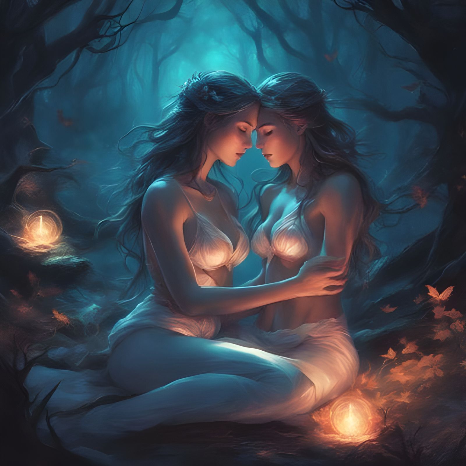 Glowing Enchantresses in Dark Magic Forest