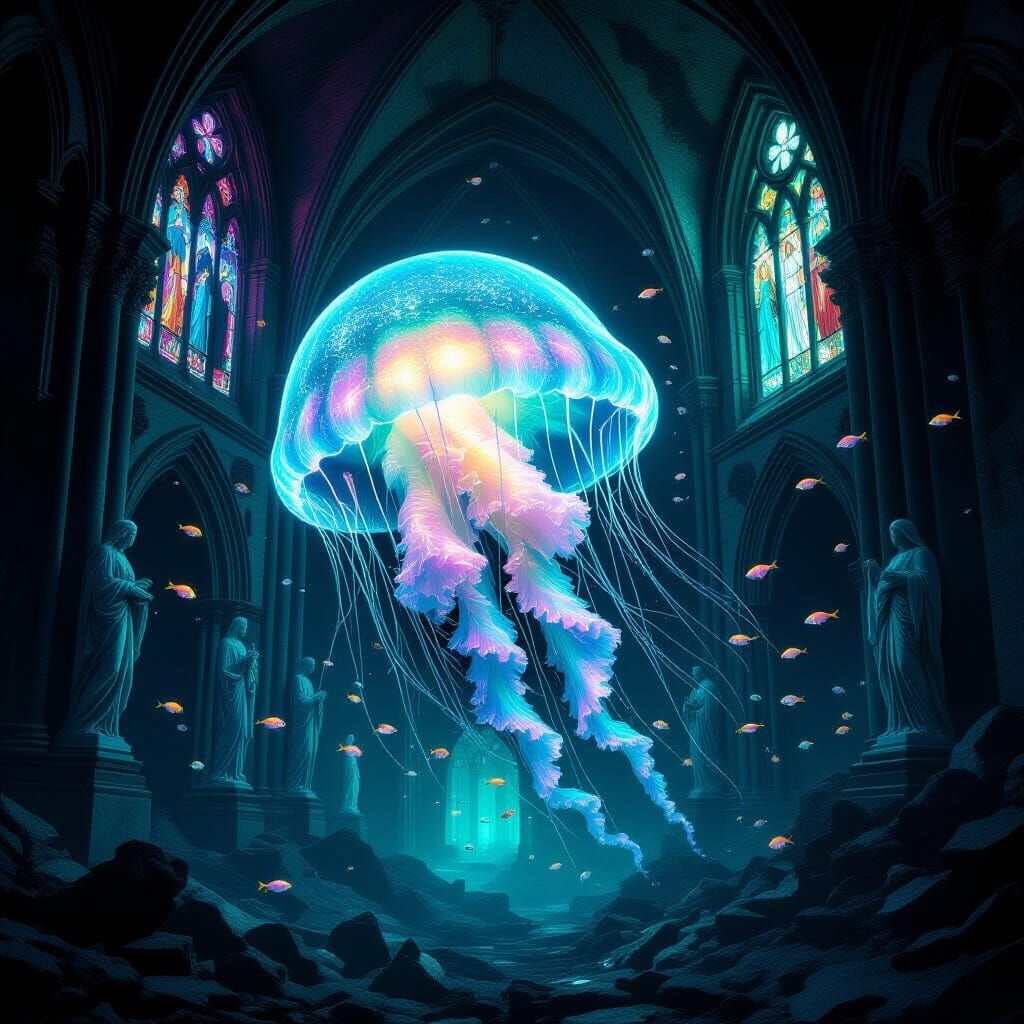Bioluminescent Jellyfish Illuminates Sunken Gothic Cathedral