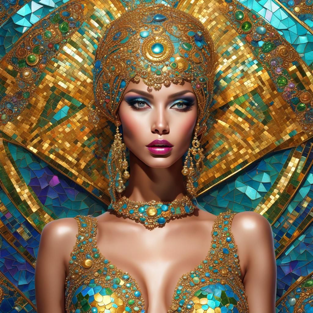 Glamorous Futuristic Supermodel Portrait in Klimt Style