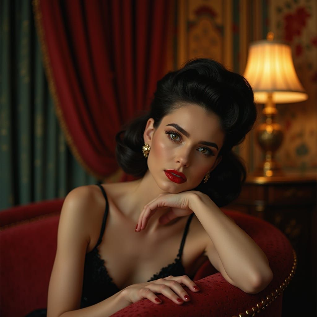 Ethereal Hollywood Goddess in Opulent Velvet Boudoir