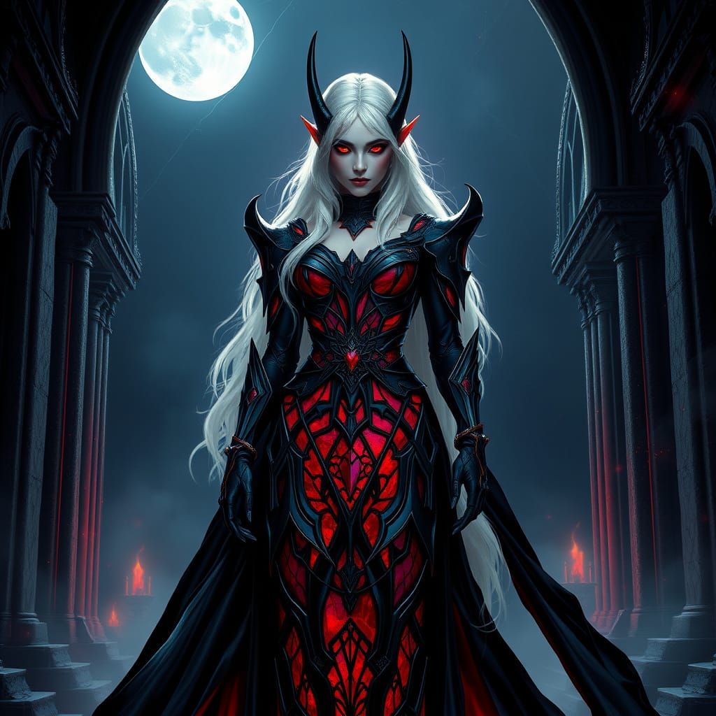 Dark Elven Queen in Moonlit Obsidian Temple, Glass Dress