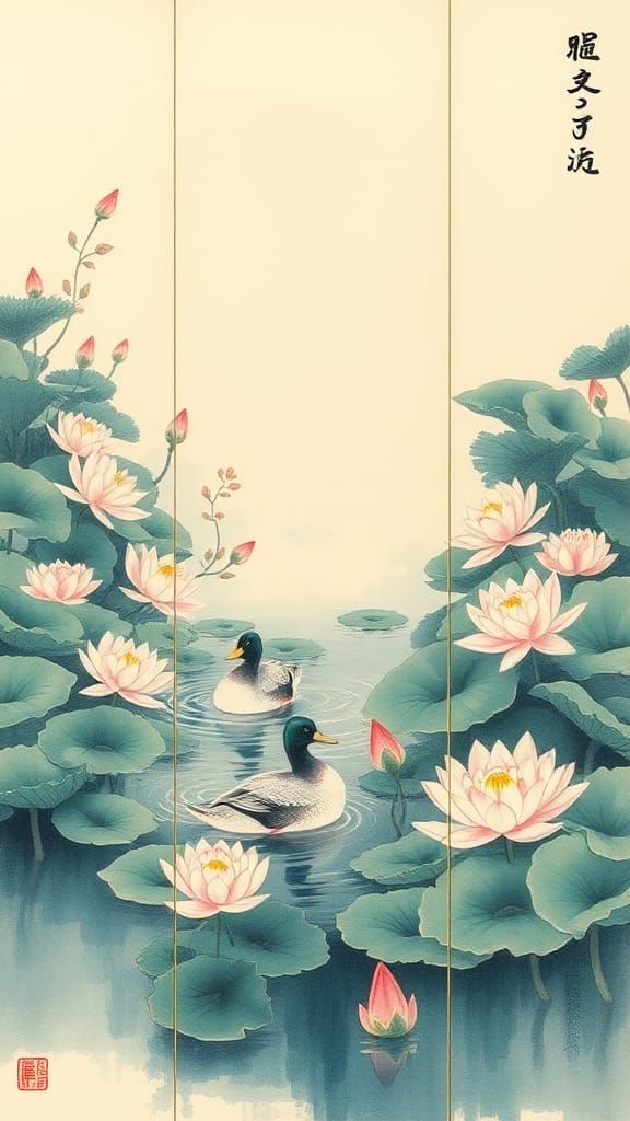 Ukiyo-e Triptych: Ducks in a Lily Pond