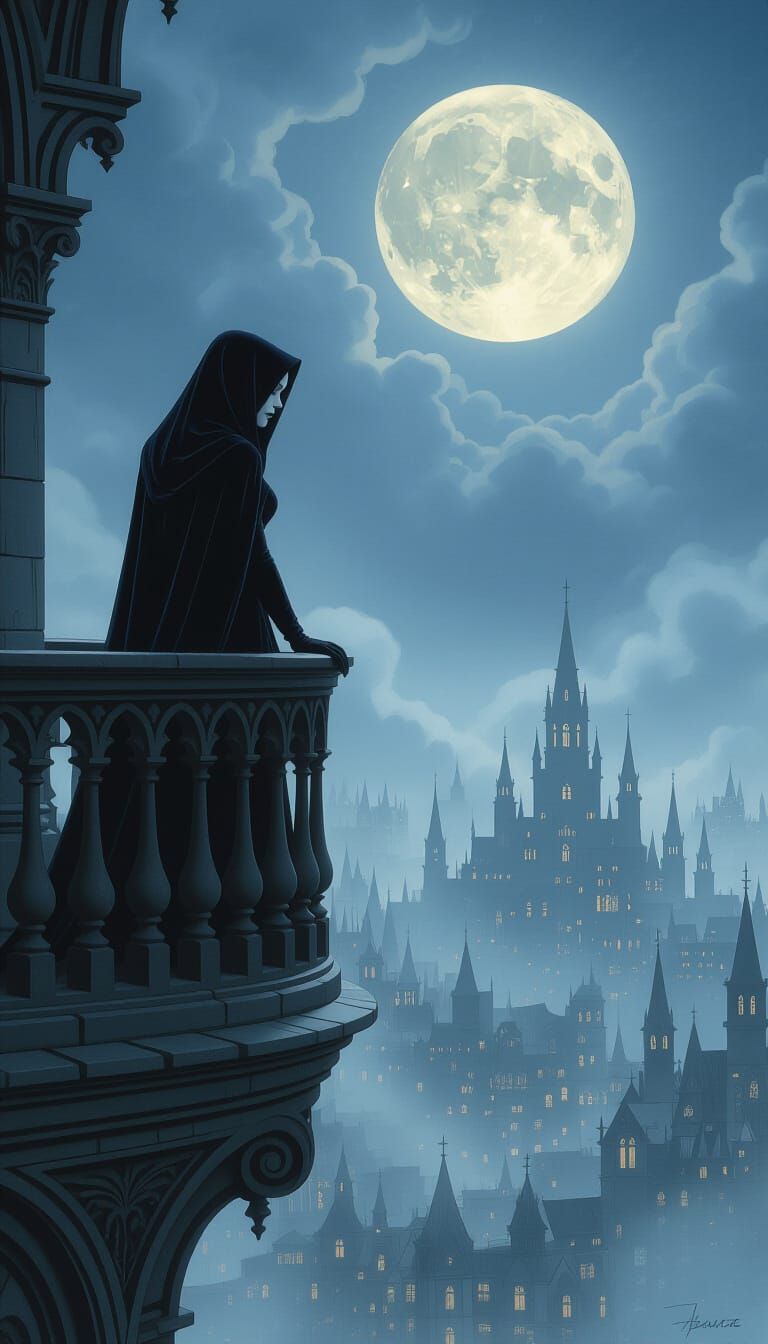Gothic Vampire on Balcony Overlooking Misty City