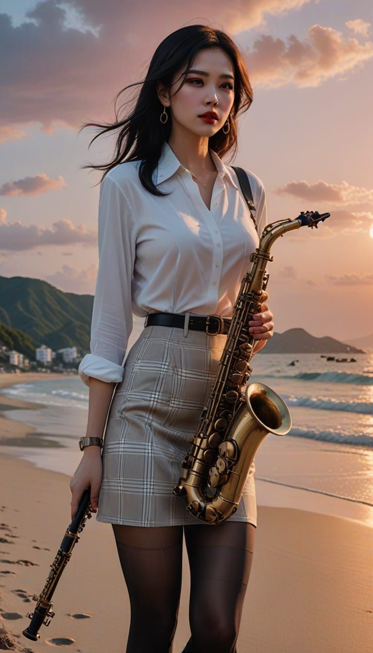 Woman Plays Saxophone on Okinawa Beach at Sunset