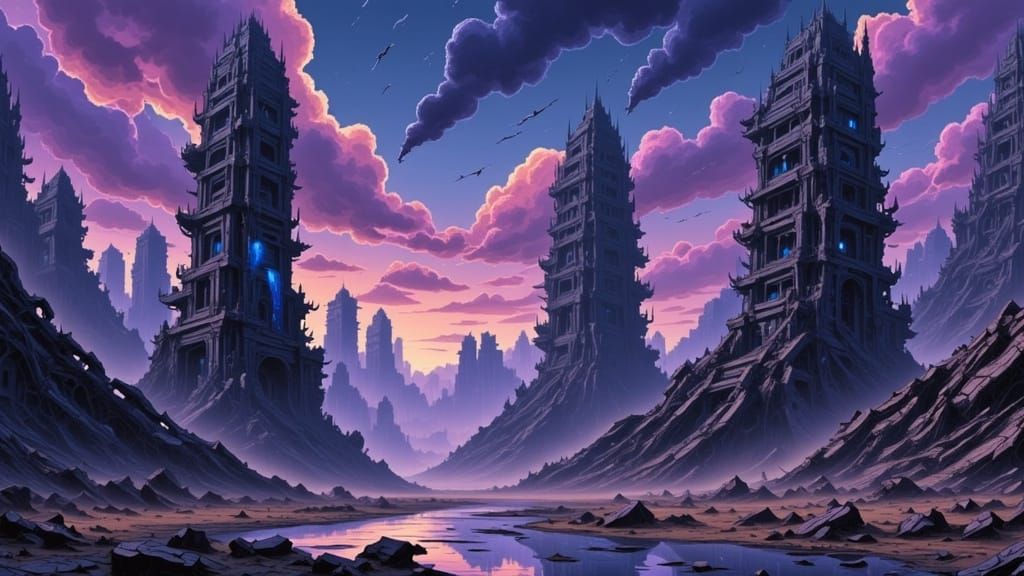 Alien City Ruins at Twilight in Digital Art Style