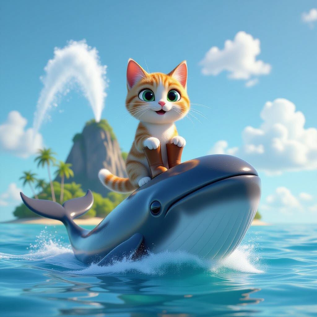 Cat in Boots Riding Whale Fountain, 3D Render