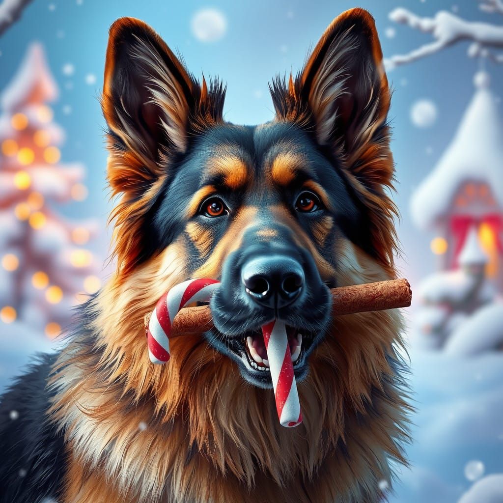 German Shepherd in Whimsical Winter Wonderland