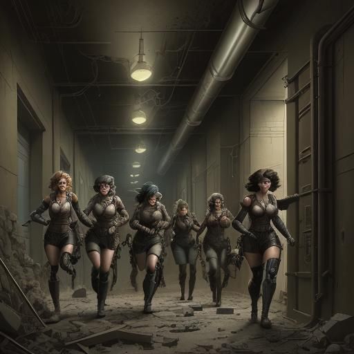 Dieselpunk Maidens Chase Through Rubble: Comic Book Art