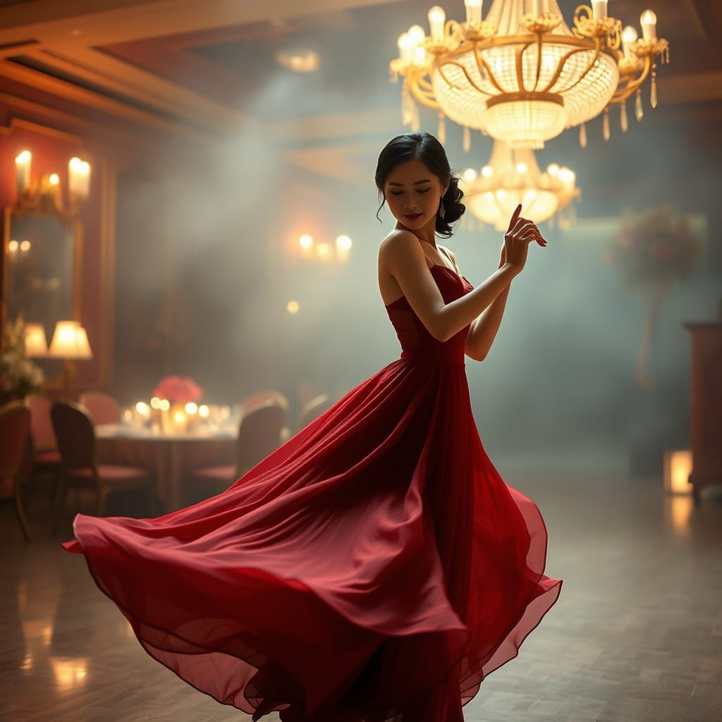 Elegant Chinese Woman Dancing in Misty Ballroom